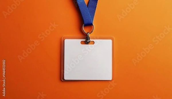 Fototapeta A white ID card on a blue lanyard against an orange background.