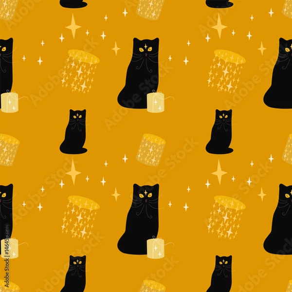 Fototapeta Vector seamless pattern with kittens, black cats, stars, paper lanterns. Cute pattern, background with pets .vector seamless halloween pattern with black cats, lanterns and stars.