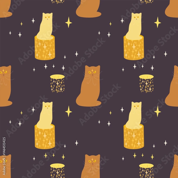 Fototapeta Vector seamless pattern with kittens, black cats, stars, paper lanterns. Cute pattern, background with pets .vector seamless halloween pattern with black cats, lanterns and stars.