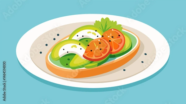 Fototapeta A plate of glutenfree sweet potato toast topped with various toppings such as avocado smoked salmon and a sprinkle of feta cheese.. Vector illustration