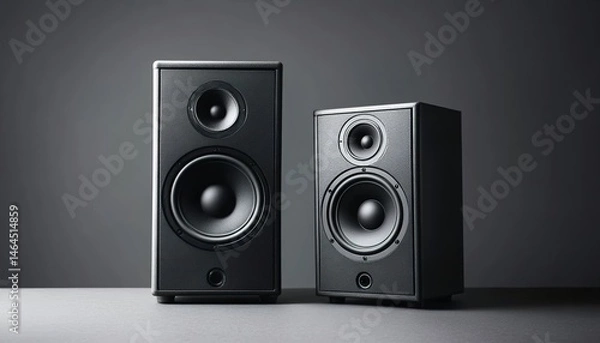 Obraz Two black speakers, one larger and one smaller, placed side-by-side against a gray background.