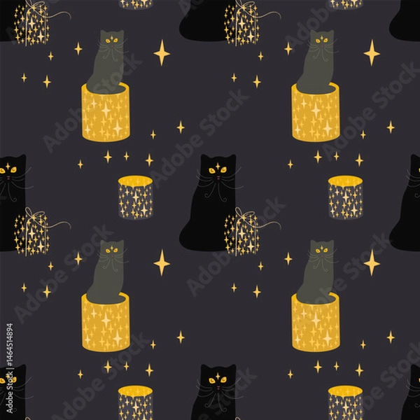 Fototapeta Vector seamless pattern with kittens, black cats, stars, paper lanterns. Cute pattern, background with pets .vector seamless halloween pattern with black cats, lanterns and stars.