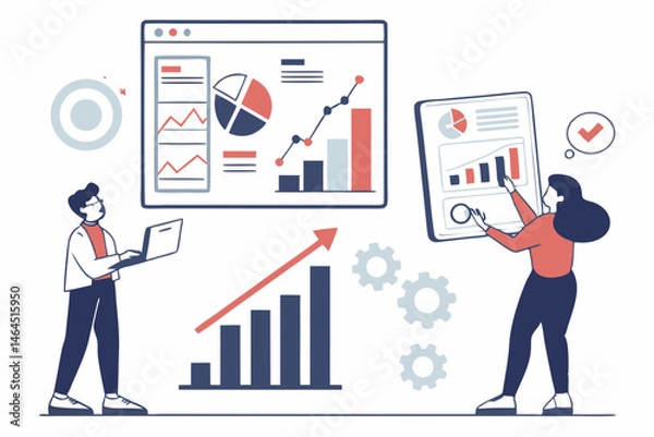 Fototapeta Modern Business Infographic Elements – Charts, Teamwork, and Data Analysis Vectors