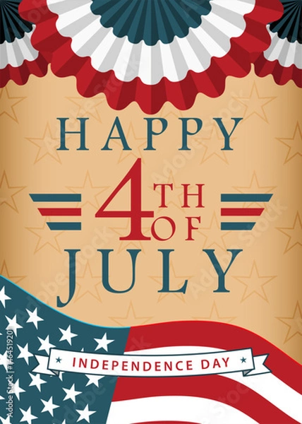 Fototapeta Happy 4th of July background with US national flag, pleated fan banners and stars. Vector illustration.