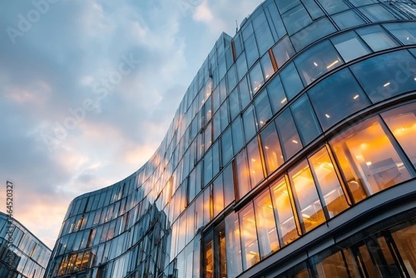 Obraz Low angle view of modern glass building reflecting sunset sky with curved architecture design style facade