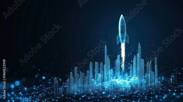 Obraz Futuristic rocket launching over cityscape digital art