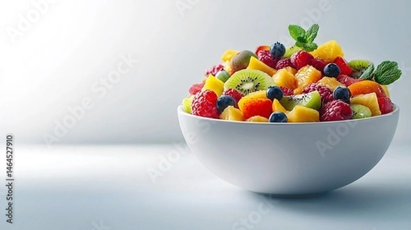 Fototapeta Freshly prepared fruit salad bowl with assorted fruits on bright white backdrop for healthy eating