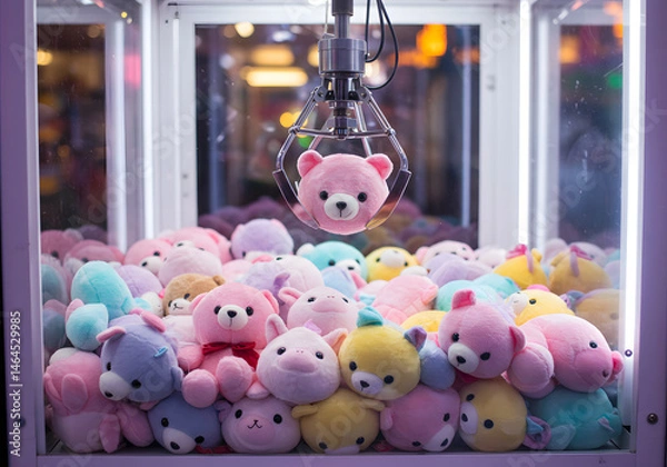 Fototapeta Pastel Plush Toys in a Claw Machine: A Colorful Array of Cute Stuffed Animals Awaits