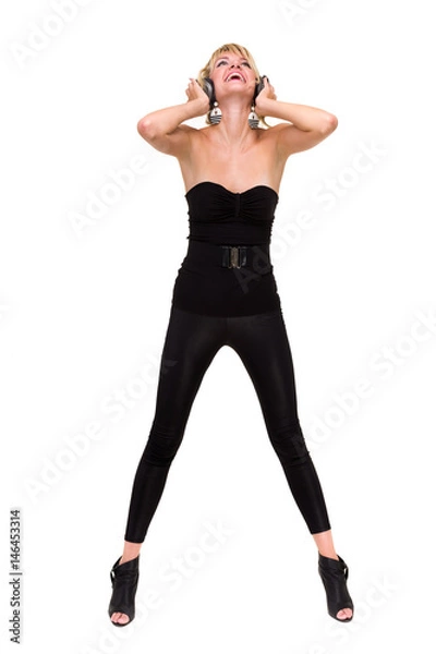Obraz full length photo of attractive woman dancer with headphones, isolated on white