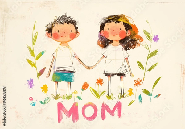 Obraz Cute mother and son holding hands surrounded by flowers, standing above colorful "MOM" letters. Warm and loving moment celebrating motherhood in a floral atmosphere.