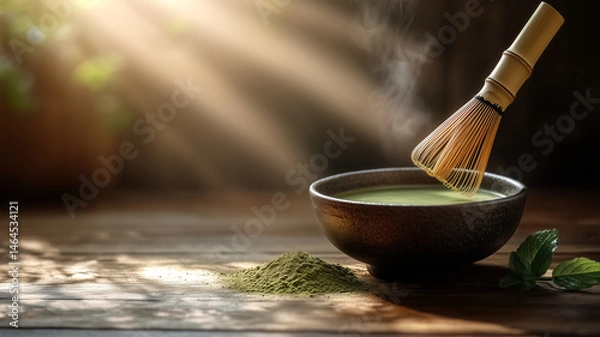 Obraz A bowl of hot matcha tea with steam rising, bamboo whisk beside, and a pile of matcha powder on a rustic table