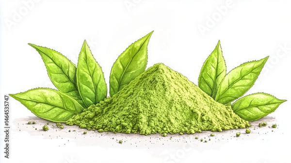 Obraz Illustration of matcha green tea powder surrounded by tea leaves on a white background