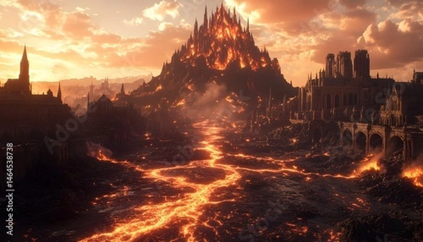 Obraz A fiery sunset illuminates a burning mountaintop castle and lava-filled city ruins