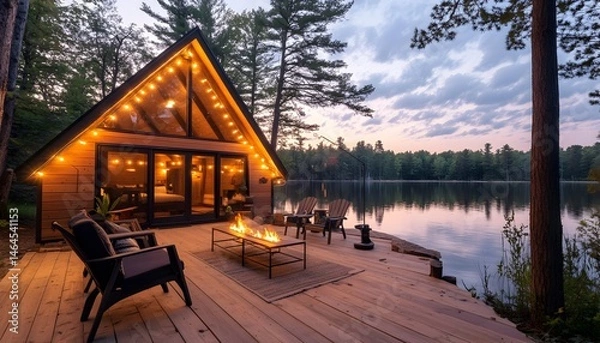 Fototapeta Lakeside A-frame cabin with deck, fire pit, and sunset views