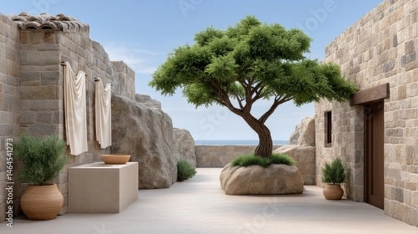 Obraz Discovering Everyday Beauty: A Serene Tree in a Courtyard Surrounded by a Charming Stone Wall and Soft Summer Tones