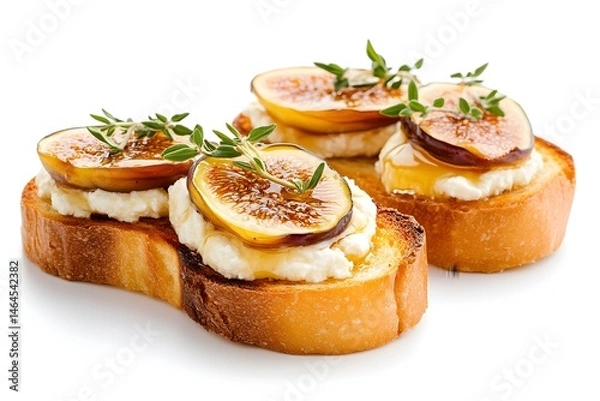 Fototapeta Toasted bread topped with creamy cheese, fig slices, and honey drizzle, garnished with fresh thyme (1)