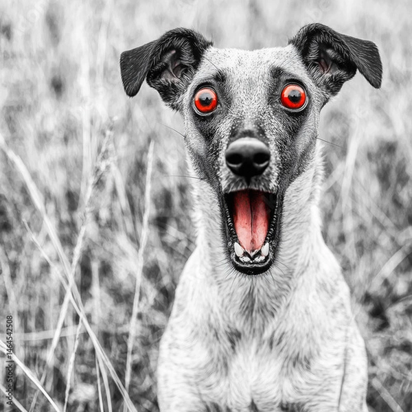 Fototapeta Surreal black-and-white photo of a dog with exaggerated red cartoon eyes and a shocked, open-mouthed expression. Ideal for visual satire, absurd humor, or design with a twist.