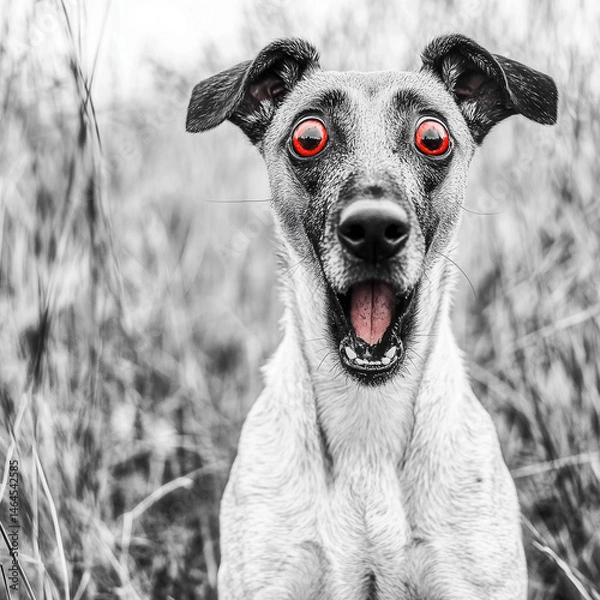 Fototapeta Surreal black-and-white photo of a dog with exaggerated red cartoon eyes and a shocked, open-mouthed expression. Ideal for visual satire, absurd humor, or design with a twist.