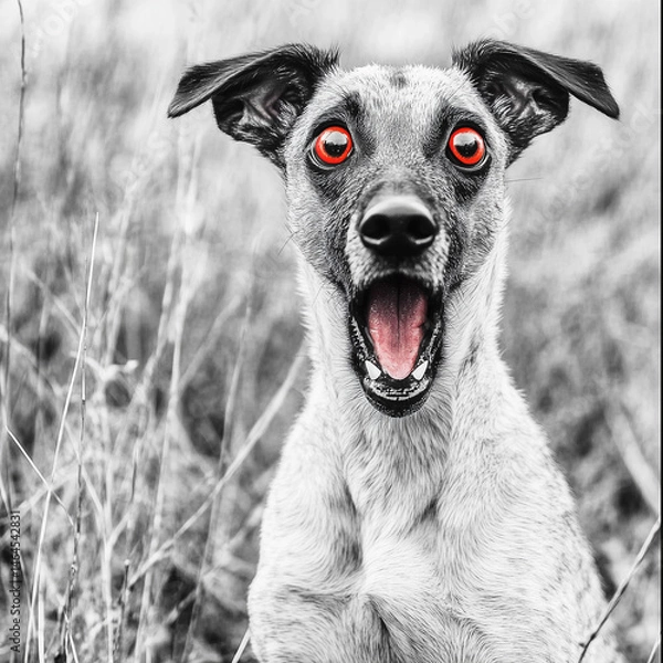 Fototapeta Surreal black-and-white photo of a dog with exaggerated red cartoon eyes and a shocked, open-mouthed expression. Ideal for visual satire, absurd humor, or design with a twist.