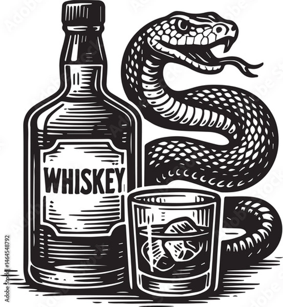 Fototapeta whiskey bottle and a glass rattle snake vector illustration
