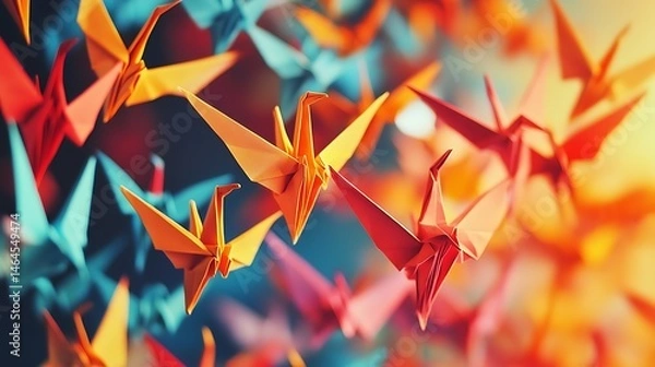 Fototapeta Colorful origami birds in a vibrant display.