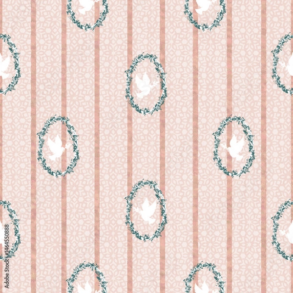 Obraz Vintage Doves in Floral Frames – Soft Pink Striped Seamless Pattern