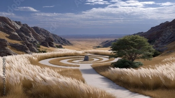 Obraz A Tranquil Journey Through a Grassy Field Under a Tree: Finding Inner Peace and Mindfulness in Nature's Beauty