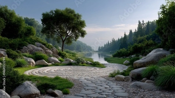 Obraz A Serene Stone Path Leading to a Peaceful Lake Embraced by Nature's Tranquil Trees for Mindfulness and Personal Reflection Journey