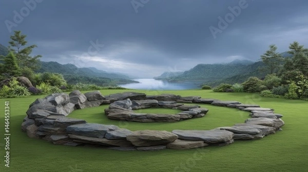 Obraz Exploring Inner Journeys: A Meditative Path Through a Grassy Field Embraced by a Large Rock Circle for Mindfulness and Peace
