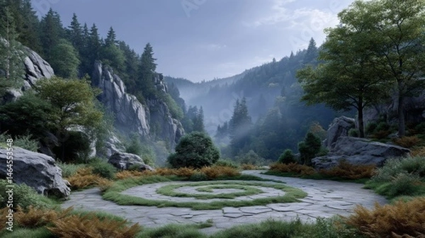 Obraz Exploring the Inner Journey Through a Rocky Landscape and Circular Stone Path: A Quest for Meaning, Peace, and Mindfulness in Our Lives