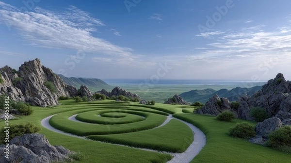 Obraz Exploring the Inner Journey through a Spiral Path in a Grassy Field: A Mindful Search for Meaning, Peace, and New Beginnings in Life