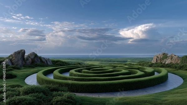 Obraz Exploring the Inner Journey: A Circular Maze in a Grassy Field Symbolizing Mindfulness and Self-Discovery