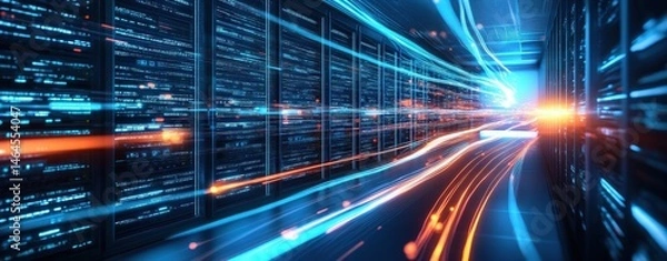 Fototapeta Advanced server setup in a secure server room with optimal conditions for equipment performance