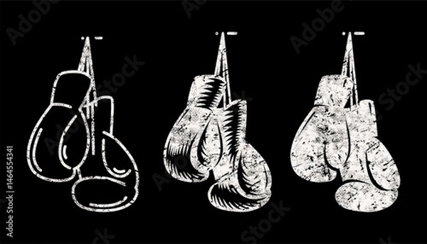 Obraz Stylized boxing gloves icon set. illustration in style engraving, thin line and silhouette. White print with rough texture on black background