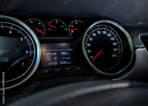 Fototapeta Close Up of Car Dashboard Display and Gauges