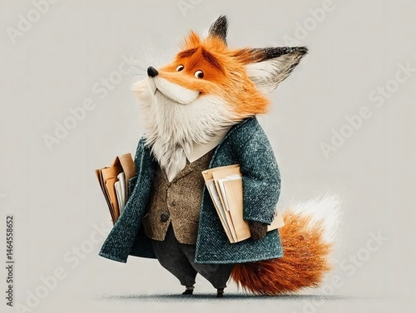 Obraz Stylish anthropomorphic fox in teal trench coat with brown tweed vest, clutching folders under arm, cheerful expression against minimalist gray backdrop.