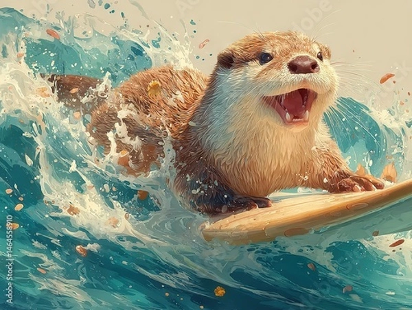 Fototapeta Playful otter rides wooden surfboard through turquoise waves, orange autumn leaves splashing, dynamic water texture under sunlight.