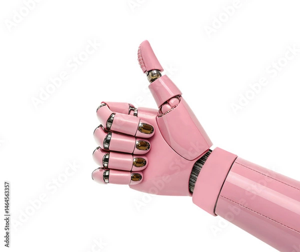 Fototapeta A pink AI woman robot hand giving a thumbs up isolated on a transparent background png artificial intelligence concept