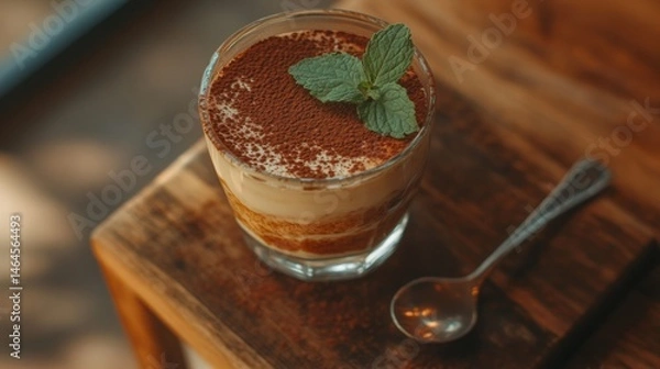 Fototapeta Elegant tiramisu dessert presentation with a rustic wooden table background