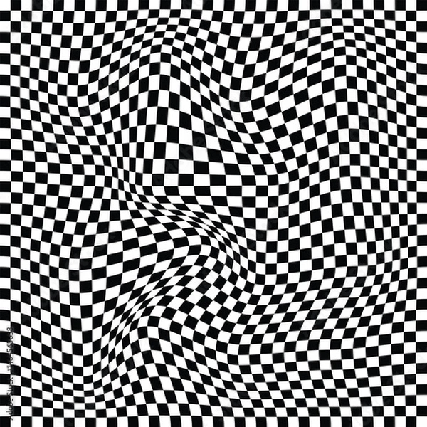 Obraz Wavy checkered black and white squares pattern background, modern checker background. Abstract checkerboard texture. Abstract black and white wavy checkerboard symbol.