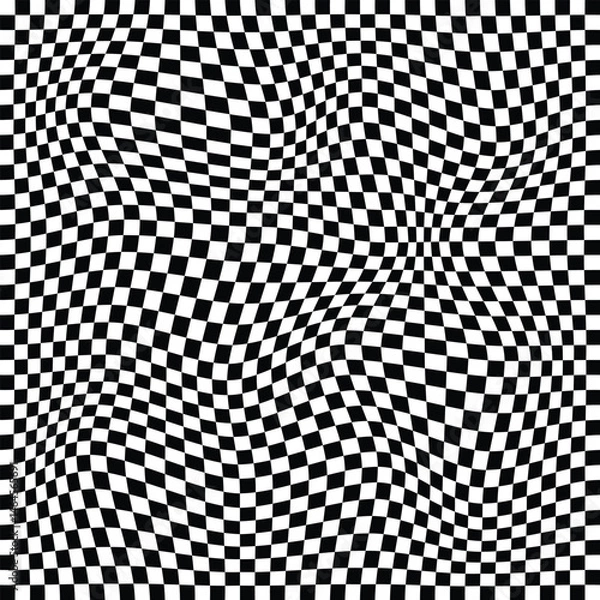 Obraz Wavy checkered black and white squares pattern background, modern checker background. Abstract checkerboard texture. Abstract black and white wavy checkerboard symbol.