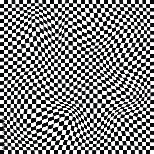Obraz Wavy checkered black and white squares pattern background, modern checker background. Abstract checkerboard texture. Abstract black and white wavy checkerboard symbol.