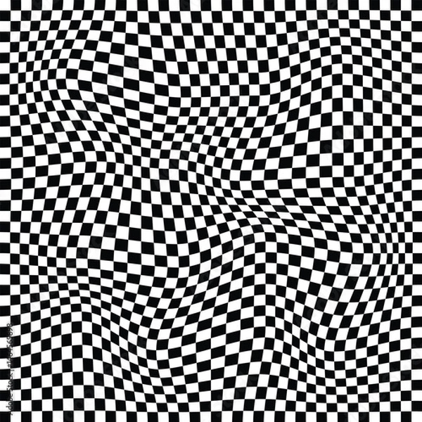 Obraz Wavy checkered black and white squares pattern background, modern checker background. Abstract checkerboard texture. Abstract black and white wavy checkerboard symbol.
