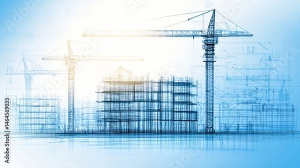 Fototapeta Construction site building crane cityscape architecture blueprint progress development