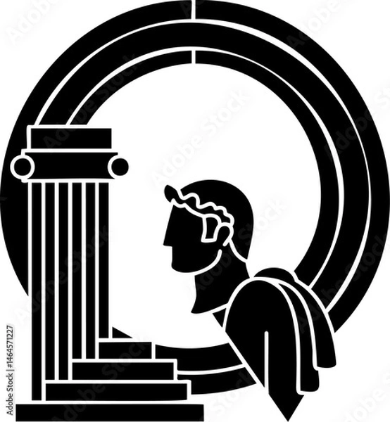 Fototapeta  Classical Figure with Column and Circular Motif: Black and White Art