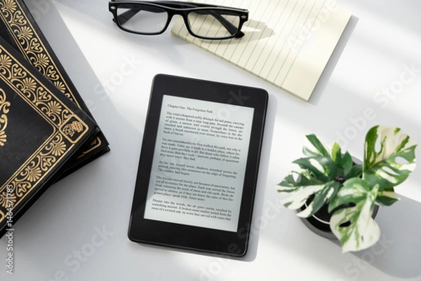 Fototapeta E-book reader device in home library