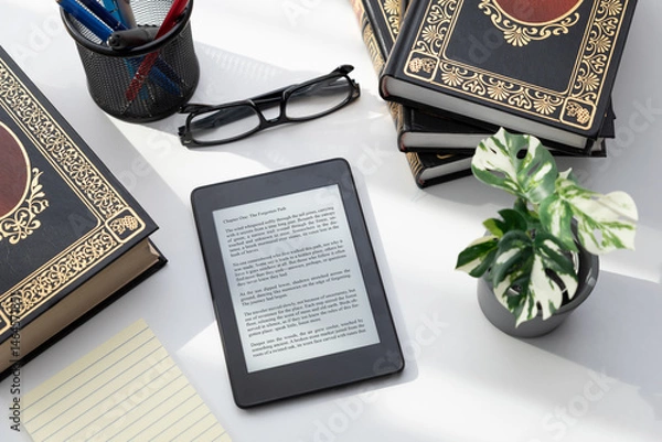 Fototapeta E-book reader device in home library
