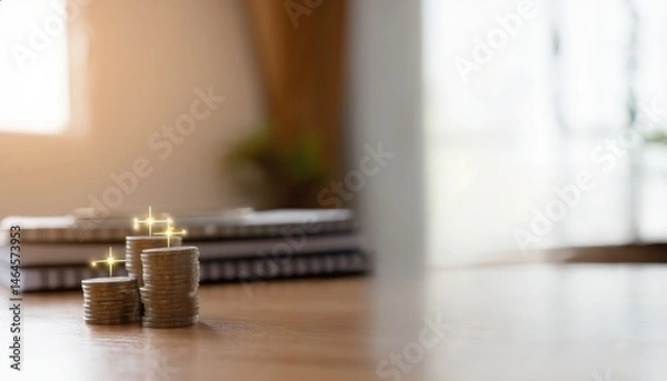 Fototapeta Stacked Coins with Sparkling Effects on a Table in a Well-Lit Room for Financial Growth Theme
