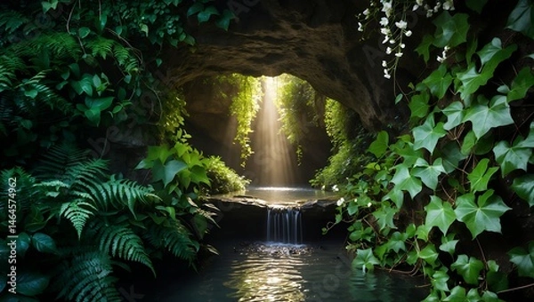 Fototapeta Natural Light at Cave Opening with Waterfall and Greenery