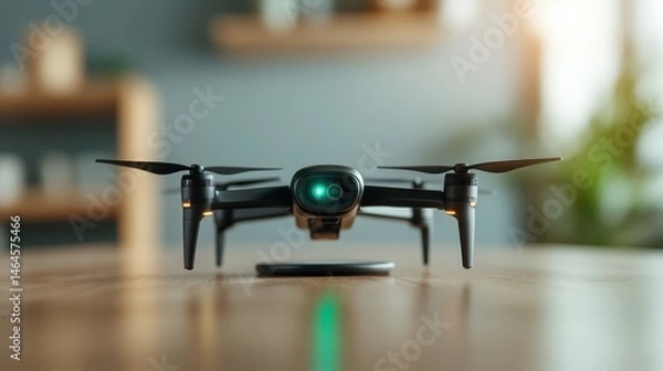 Fototapeta Showcasing a sleek, modern drone resting on a wooden table in a stylish living room, this image combines technology with contemporary aesthetics, emphasizing innovation and design.